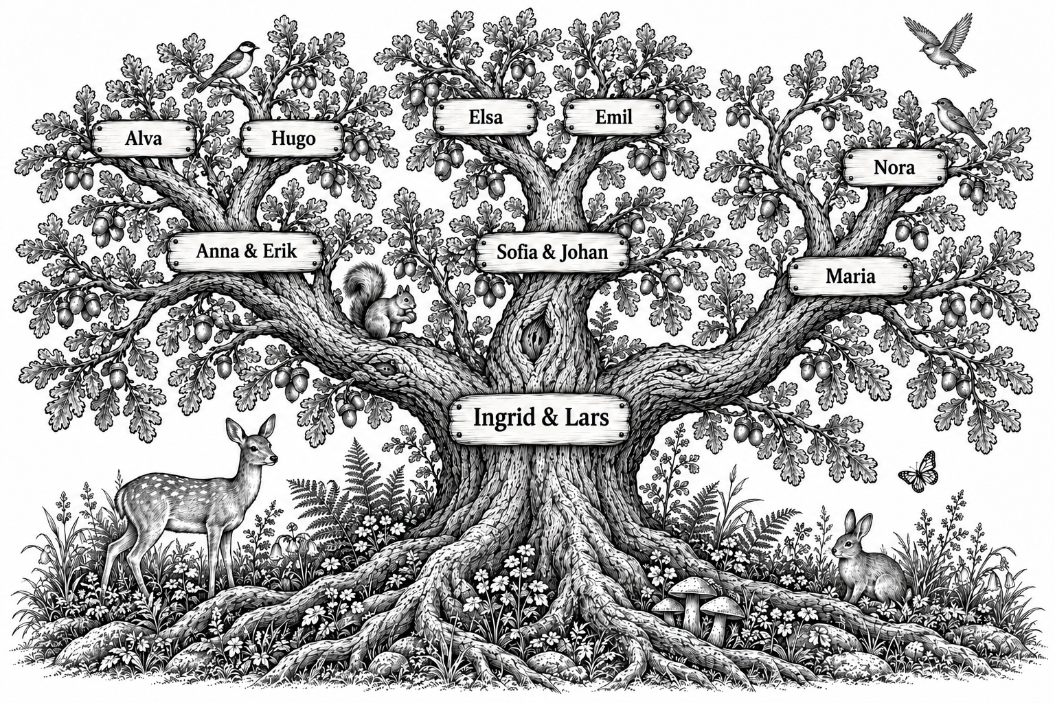 Exempel på levande skog med namnplankor, djur och växter